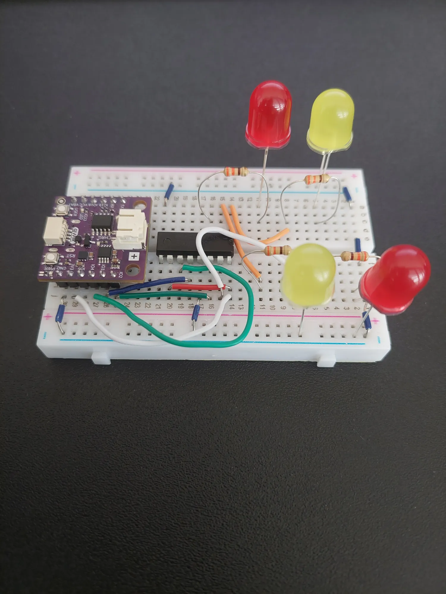 All four LED chains complete on the breadboard