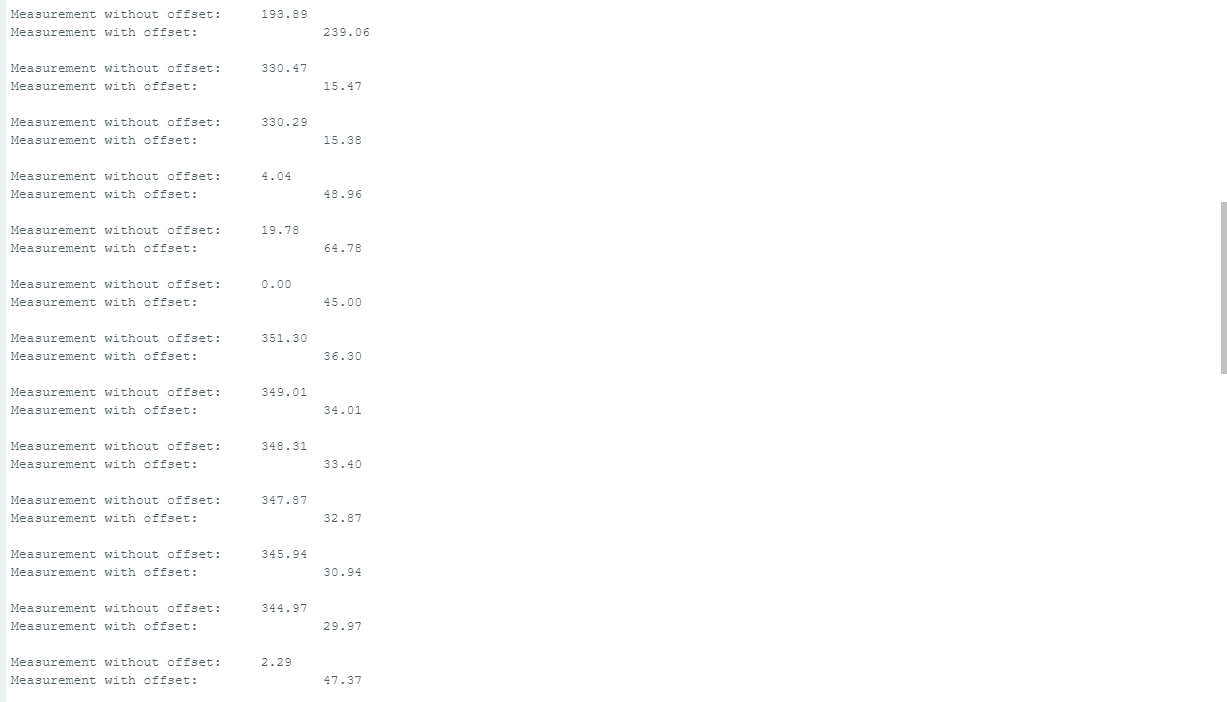 Serial Monitor output showing angle readings with and without offset
