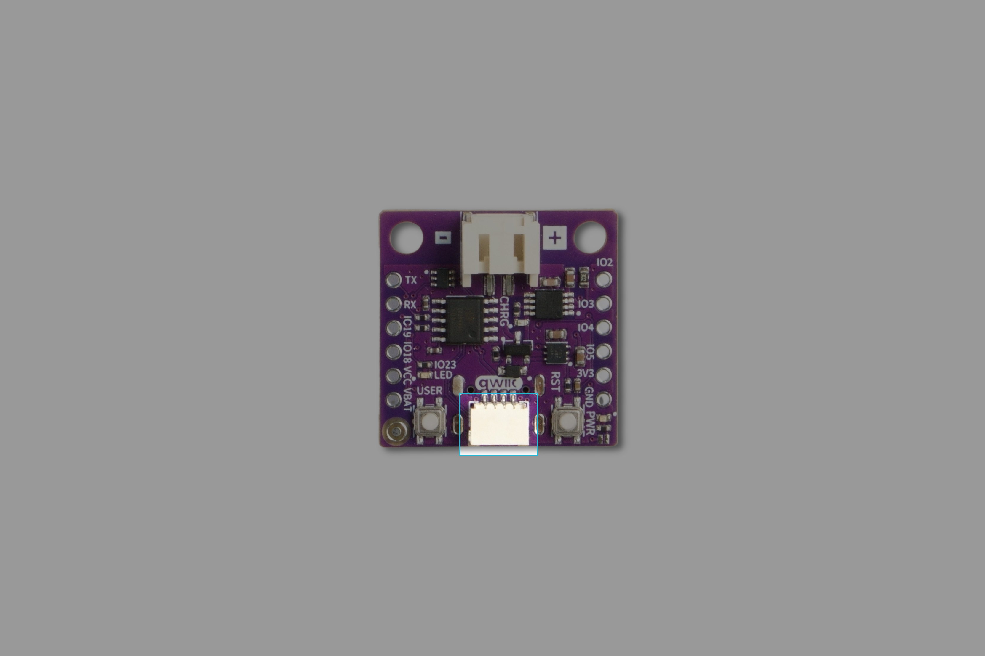 Qwiic connector highlighted on a Soldered development board